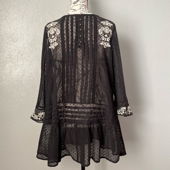 Free People Women's Black Jocelyn Pleated Dot Ruffle Lace Tunic Size Small - Picture 6 of 16